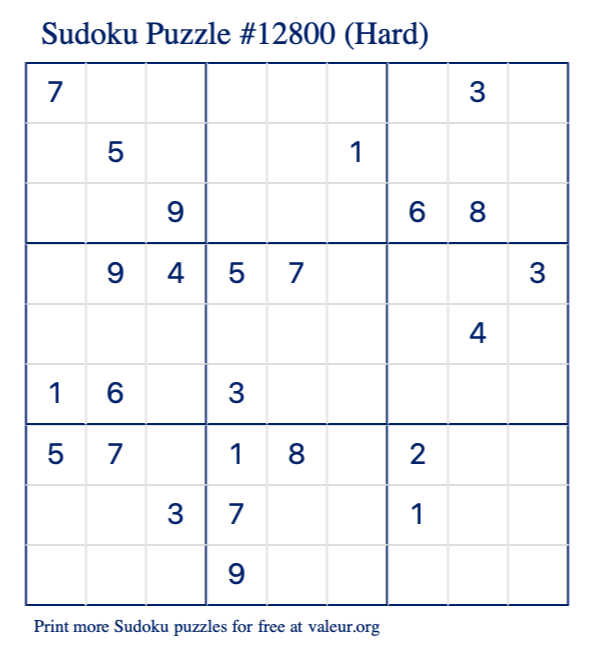 Free Printable Hard Sudoku Puzzle number 12800