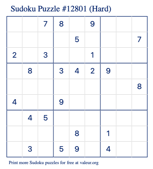 Free Printable Hard Sudoku Puzzle number 12801