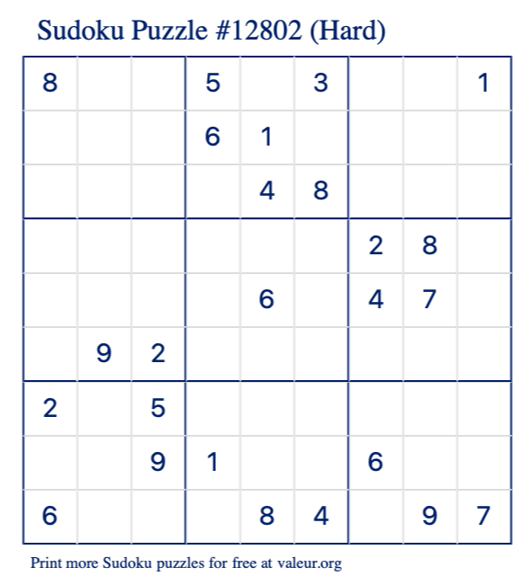 Free Printable Hard Sudoku Puzzle number 12802