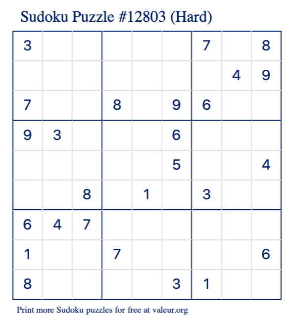 Free Printable Hard Sudoku Puzzle number 12803