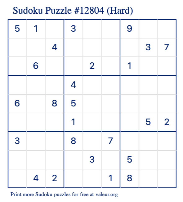 Free Printable Hard Sudoku Puzzle number 12804