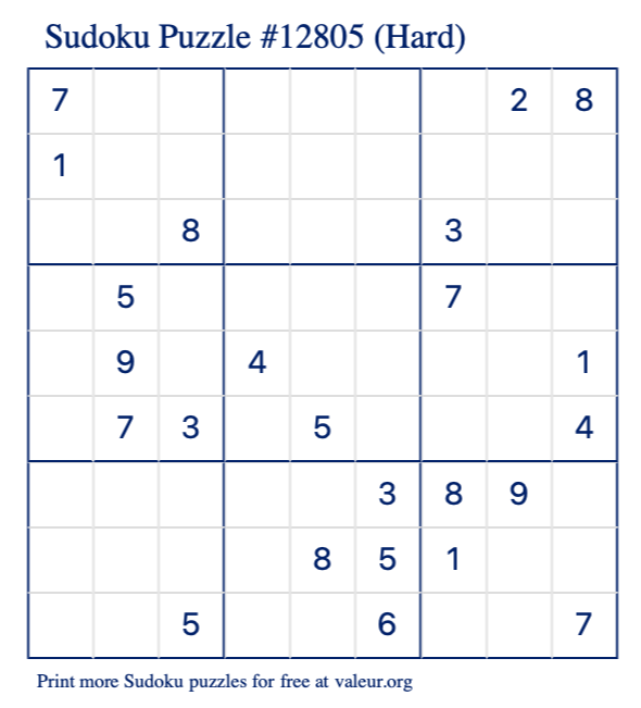 Free Printable Hard Sudoku Puzzle number 12805