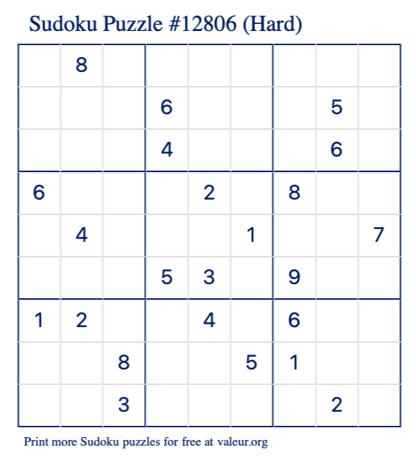 Free Printable Hard Sudoku Puzzle number 12806