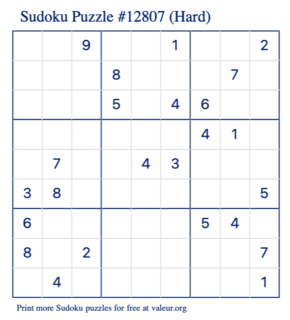 Free Printable Hard Sudoku Puzzle number 12807