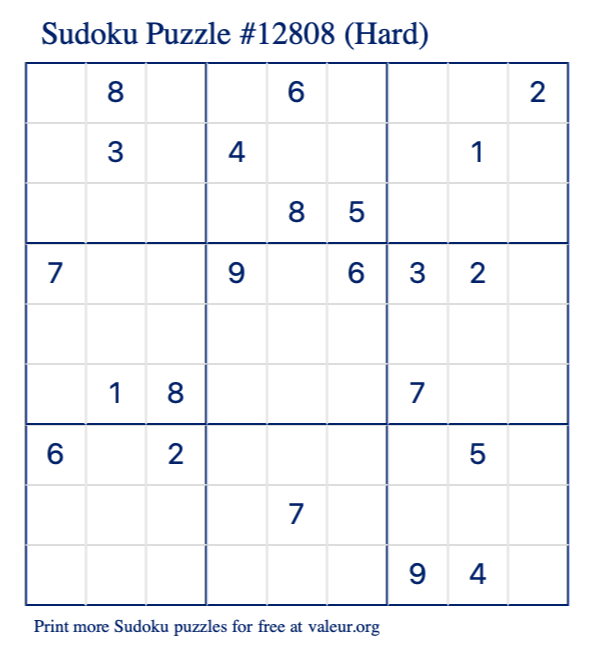 Free Printable Hard Sudoku Puzzle number 12808