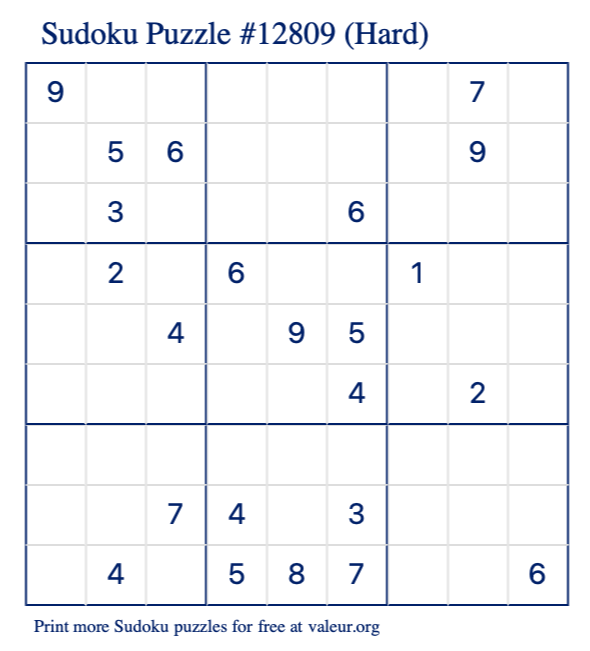 Free Printable Hard Sudoku Puzzle number 12809