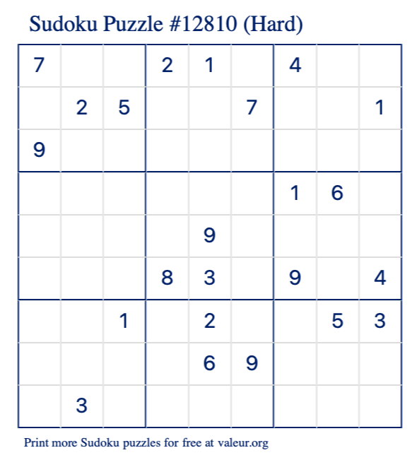 Free Printable Hard Sudoku Puzzle number 12810