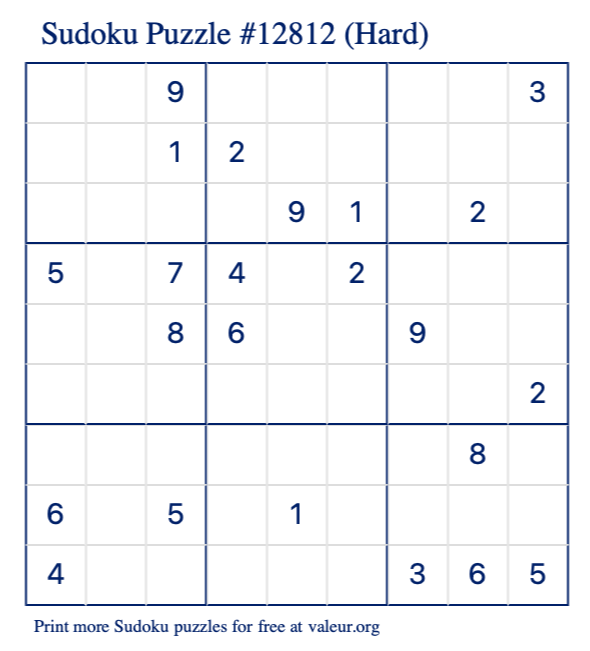 Free Printable Hard Sudoku Puzzle number 12812