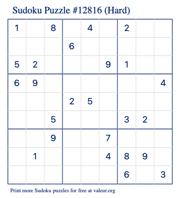Free Printable Hard Sudoku Puzzle number 12816