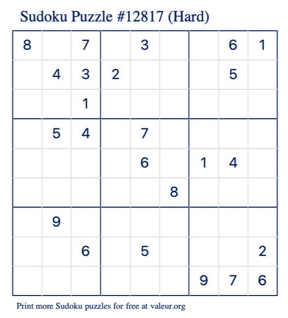 Free Printable Hard Sudoku Puzzle number 12817