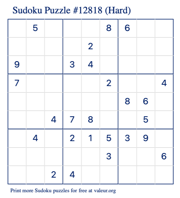 Free Printable Hard Sudoku Puzzle number 12818