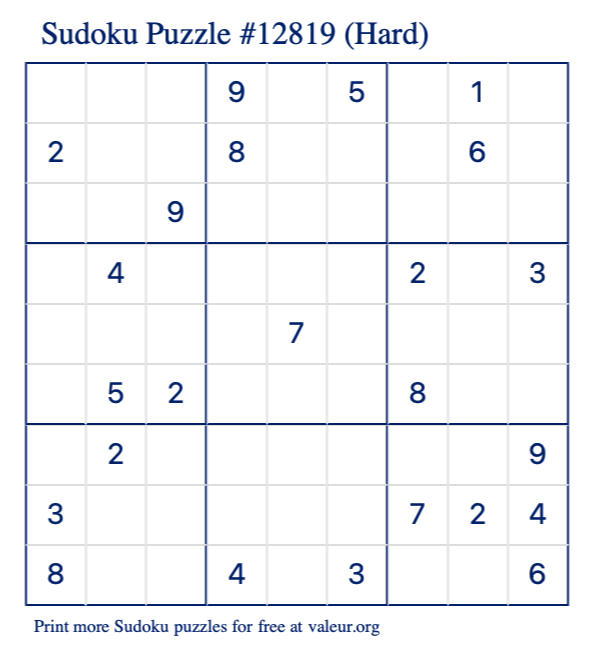 Free Printable Hard Sudoku Puzzle number 12819