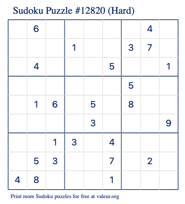 Free Printable Hard Sudoku Puzzle number 12820