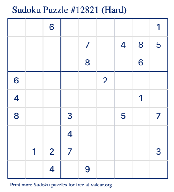 Free Printable Hard Sudoku Puzzle number 12821