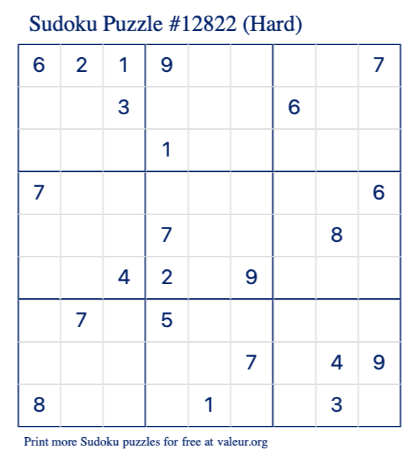 Free Printable Hard Sudoku Puzzle number 12822