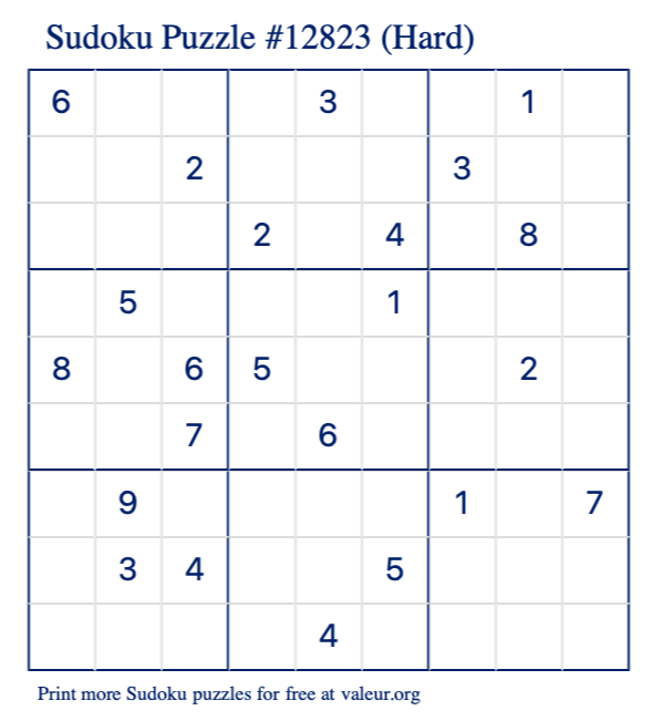 Free Printable Hard Sudoku Puzzle number 12823
