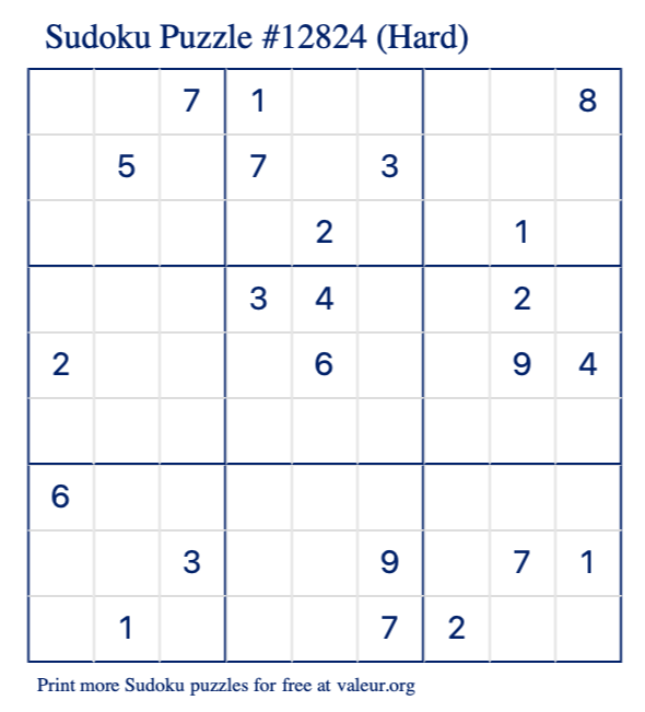 Free Printable Hard Sudoku Puzzle number 12824