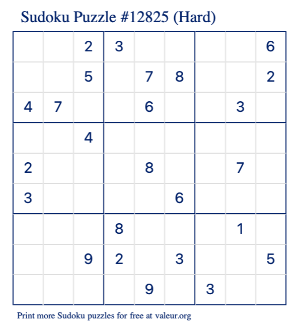 Free Printable Hard Sudoku Puzzle number 12825
