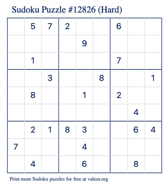 Free Printable Hard Sudoku Puzzle number 12826