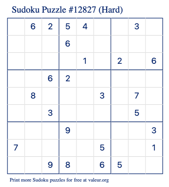 Free Printable Hard Sudoku Puzzle number 12827