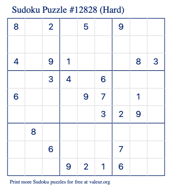 Free Printable Hard Sudoku Puzzle number 12828