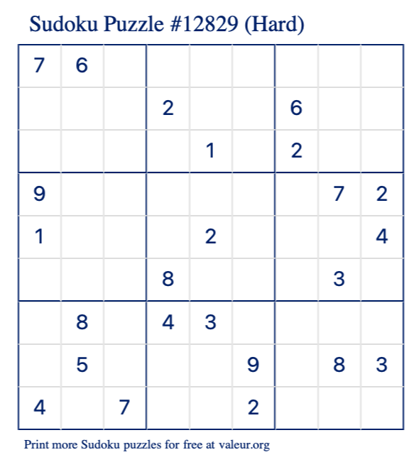 Free Printable Hard Sudoku Puzzle number 12829