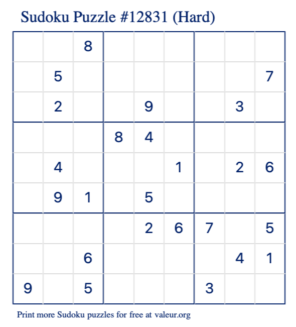 Free Printable Hard Sudoku Puzzle number 12831
