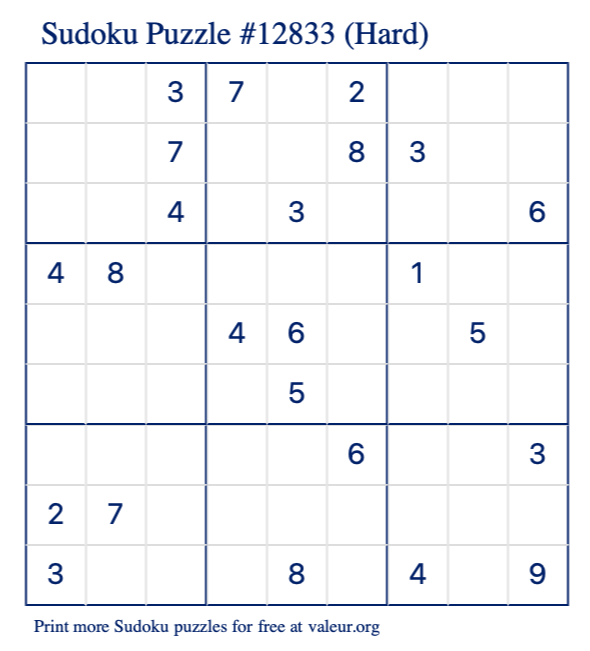 Free Printable Hard Sudoku Puzzle number 12833