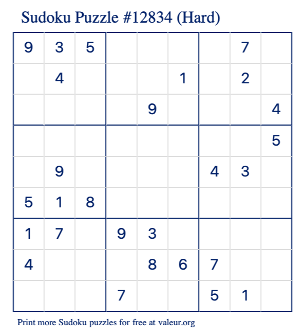 Free Printable Hard Sudoku Puzzle number 12834