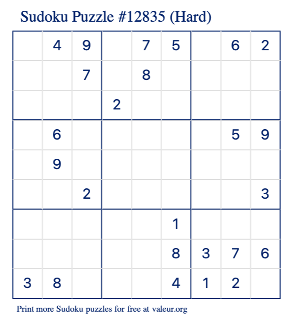Free Printable Hard Sudoku Puzzle number 12835