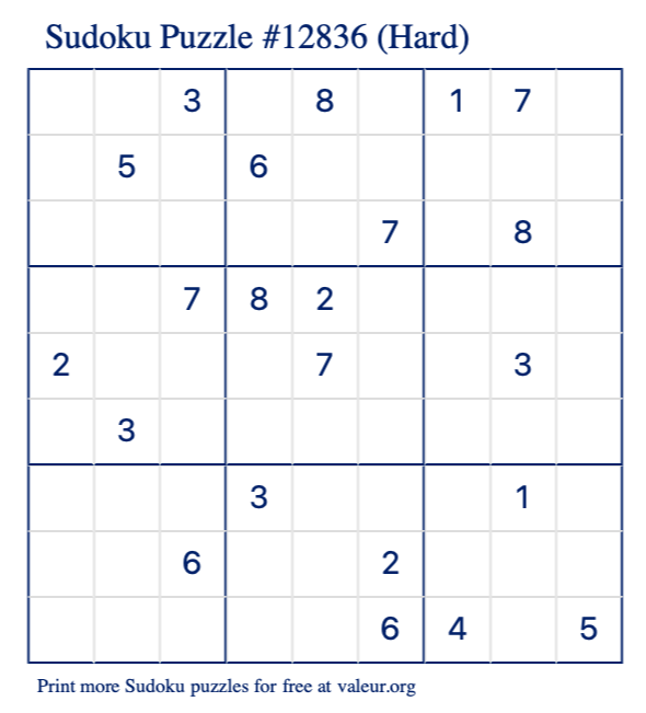 Free Printable Hard Sudoku Puzzle number 12836