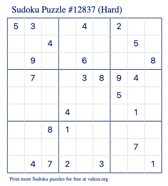 Free Printable Hard Sudoku Puzzle number 12837