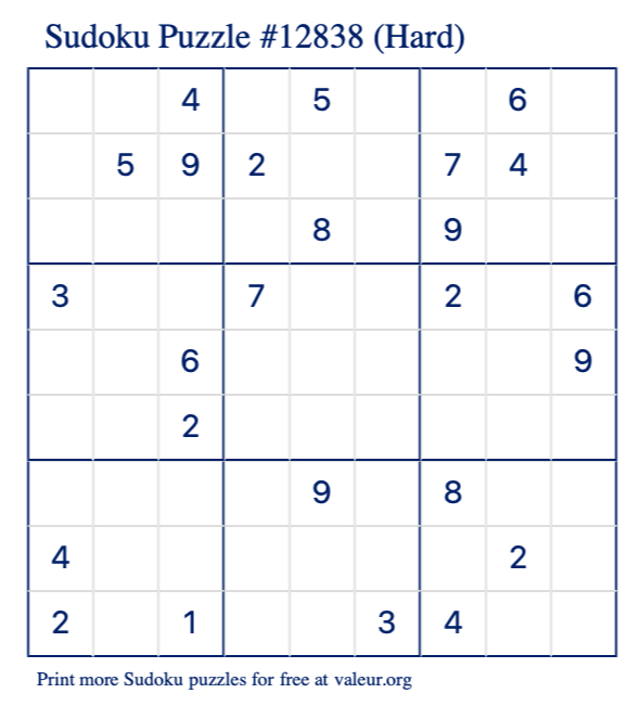 Free Printable Hard Sudoku Puzzle number 12838