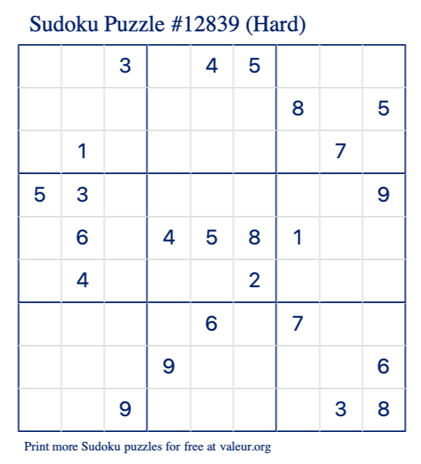 Free Printable Hard Sudoku Puzzle number 12839