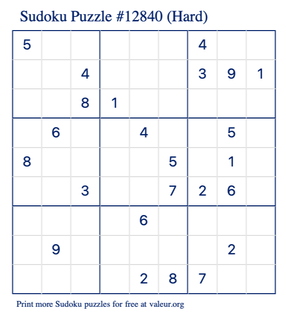 Free Printable Hard Sudoku Puzzle number 12840