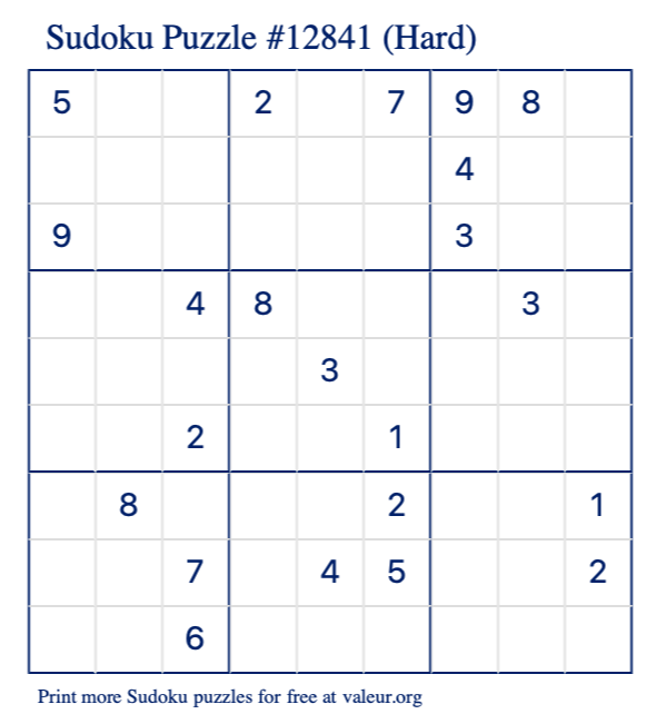 Free Printable Hard Sudoku Puzzle number 12841