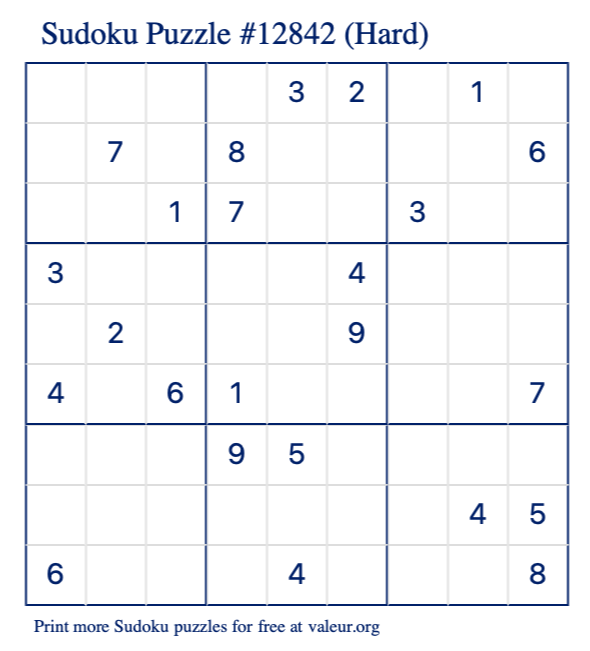Free Printable Hard Sudoku Puzzle number 12842
