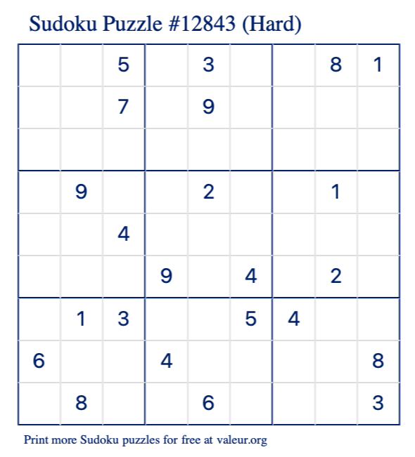 Free Printable Hard Sudoku Puzzle number 12843