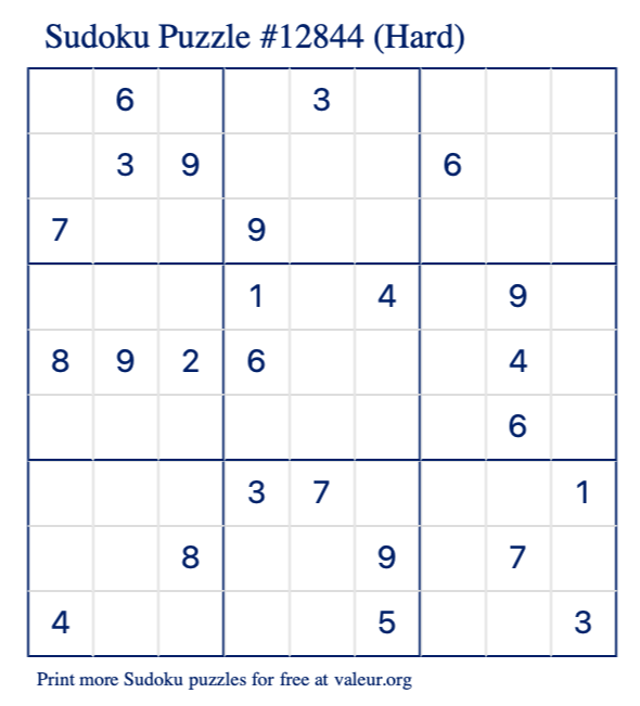 Free Printable Hard Sudoku Puzzle number 12844