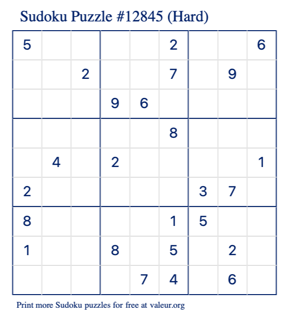 Free Printable Hard Sudoku Puzzle number 12845