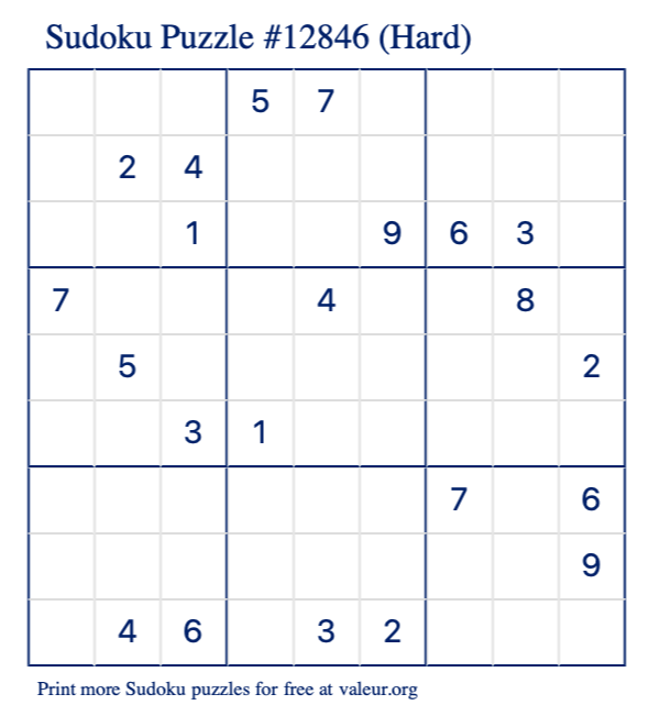 Free Printable Hard Sudoku Puzzle number 12846