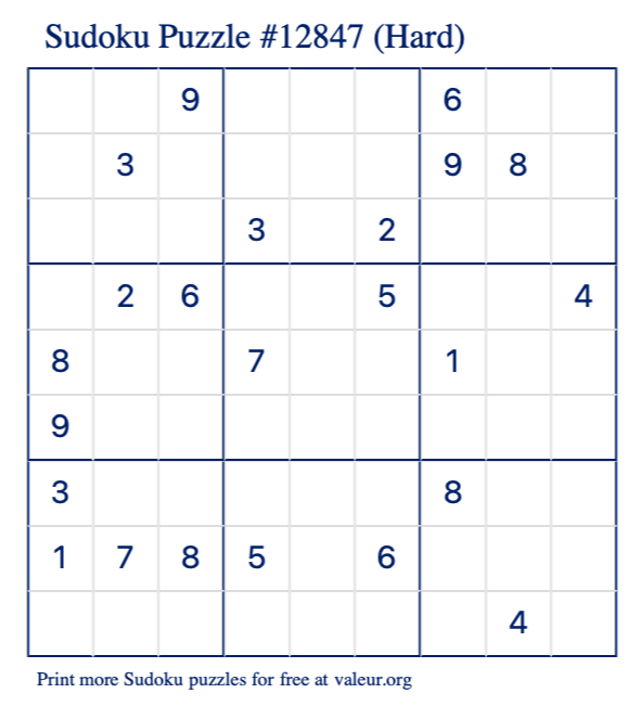 Free Printable Hard Sudoku Puzzle number 12847