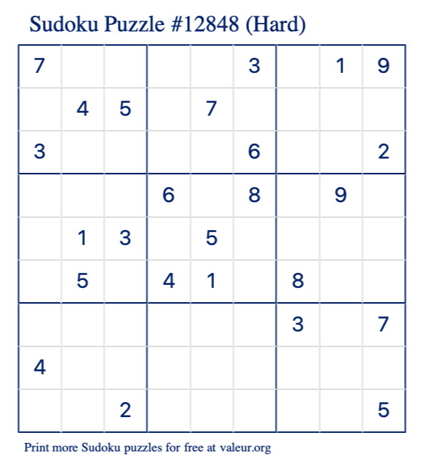 Free Printable Hard Sudoku Puzzle number 12848