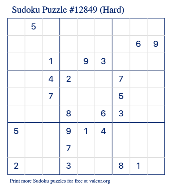 Free Printable Hard Sudoku Puzzle number 12849