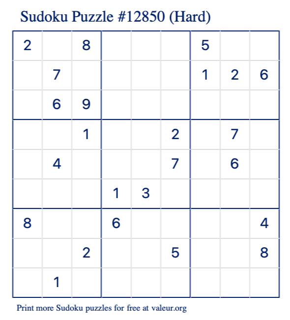 Free Printable Hard Sudoku Puzzle number 12850