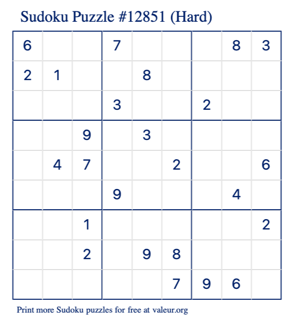 Free Printable Hard Sudoku Puzzle number 12851