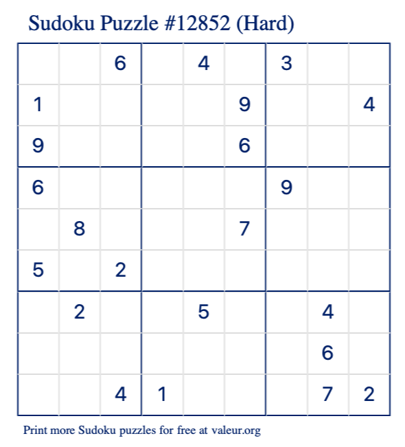Free Printable Hard Sudoku Puzzle number 12852