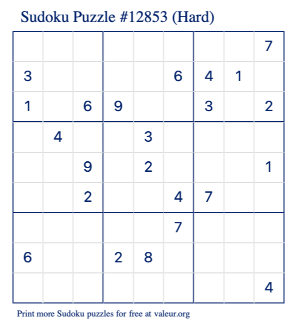 Free Printable Hard Sudoku Puzzle number 12853