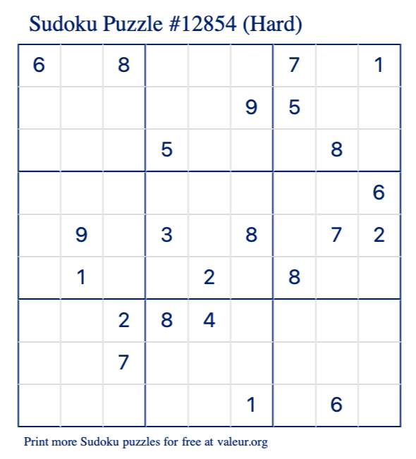 Free Printable Hard Sudoku Puzzle number 12854