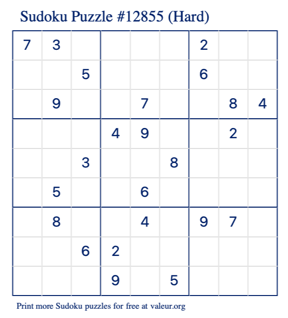 Free Printable Hard Sudoku Puzzle number 12855